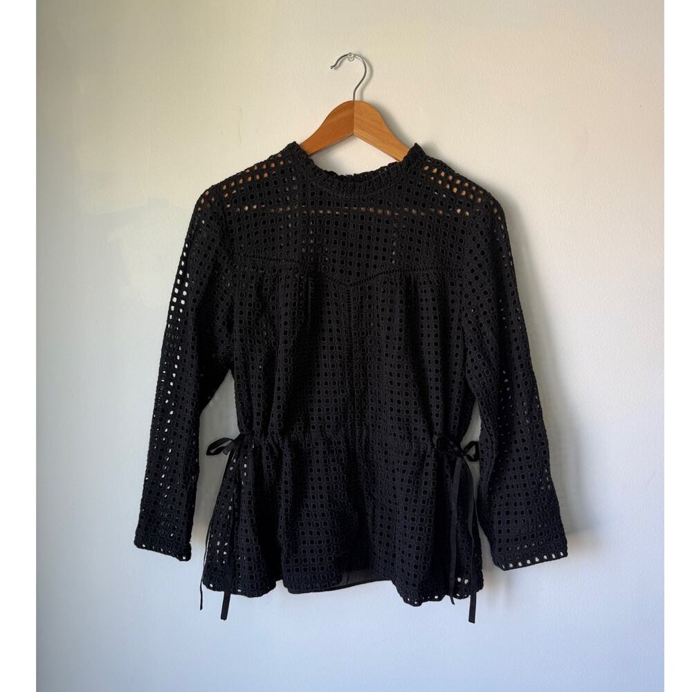 Point Sur by J. Crew Black Eyelet Top 3/4 Sleeve Tie Waist Women's Size 4